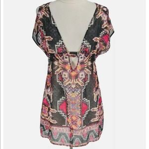 BECCA Swim Chiffon Aztec Coverup Beach Resort Wear Plunge Neckline XS S